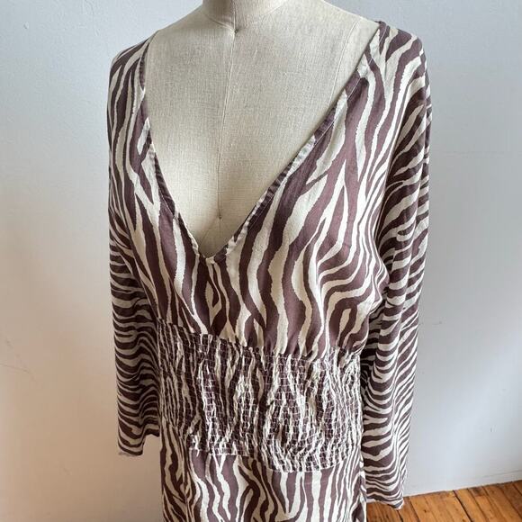 CONTREPOINT 2010s Brown/White Zebra Ruched Bell-Sleeve Maxi Dress - Picture 7 of 8
